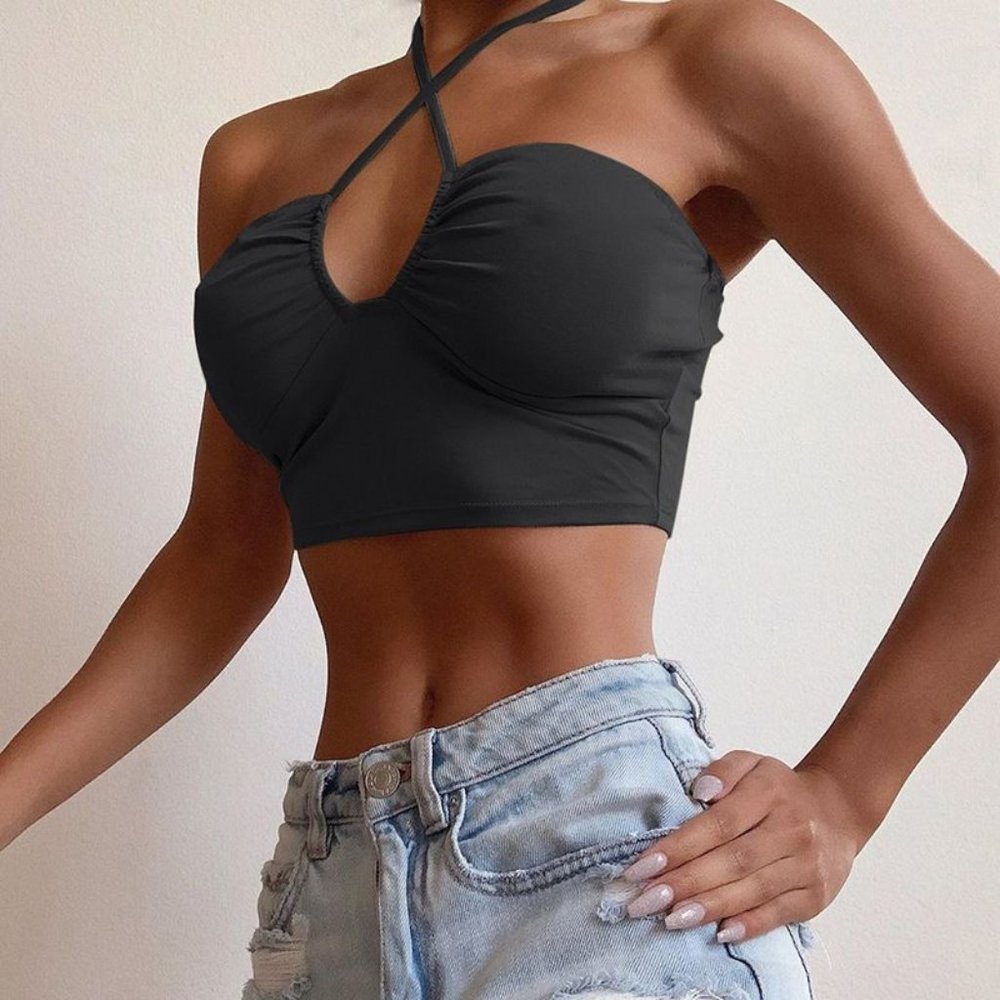 NWOT Halter Tie Neck Multi-way Crop Top in Black - S